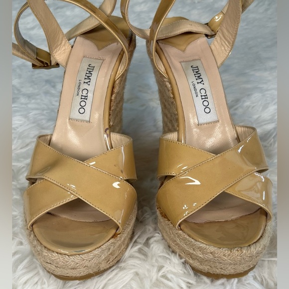 Jimmy Choo | Beige Patent Leather Phönix Espadrille Wedge Sandals - Picture 5 of 13